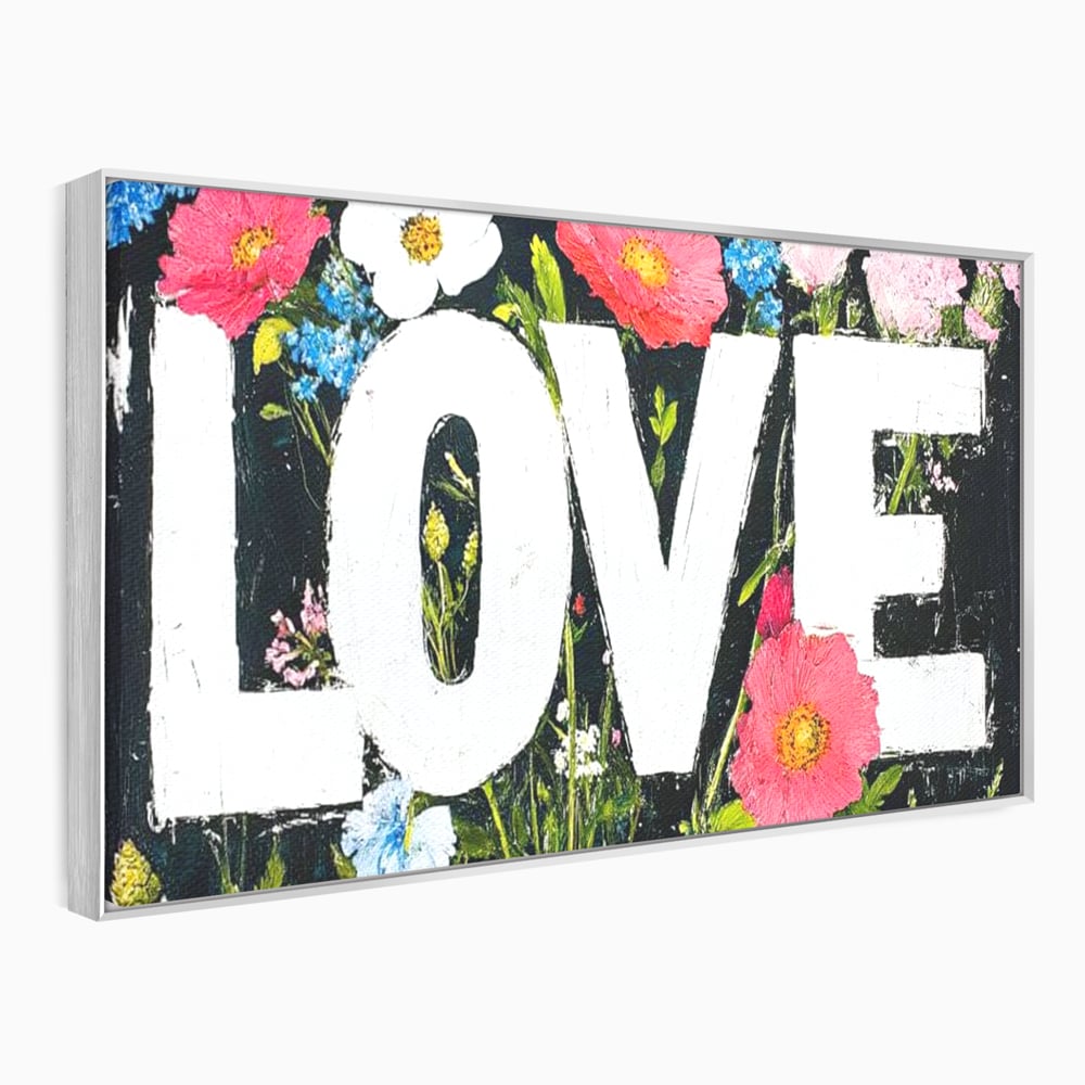 Tablou canvas cu tablou canvas cu flori si cuvantul love, in rama de aluminiu argintiu